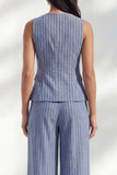 Dark Blue Stripe Round Neck Long Women Pantsuit