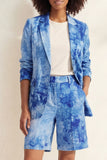 Blue Notched Lapel Single Breasted Printed Women Suit