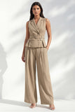 Khaki Notched Lapel Double Breasted Women Suit with Belt
