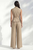 Khaki Notched Lapel Double Breasted Women Suit with Belt