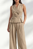 Khaki Notched Lapel Double Breasted Women Suit with Belt