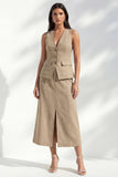 khaki V-Neck Sheath Single Breasted Midi Slim Fit Work Dress with Slit