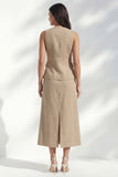 khaki V-Neck Sheath Single Breasted Midi Slim Fit Work Dress with Slit