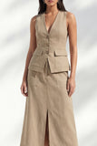 khaki V-Neck Sheath Single Breasted Midi Slim Fit Work Dress with Slit