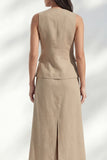 khaki V-Neck Sheath Single Breasted Midi Slim Fit Work Dress with Slit