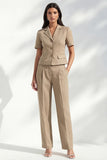Khaki Notched Lapel Single Breasted Slim Fit Women Suit with Short Sleeves
