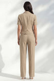 Khaki Notched Lapel Single Breasted Slim Fit Women Suit with Short Sleeves