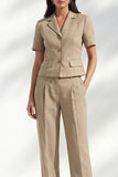 Khaki Notched Lapel Single Breasted Slim Fit Women Suit with Short Sleeves