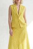 Butter Yellow Notched Lapel One Button Slim Fit Midi Work Dress with Slit