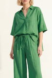 Green Short Sleeves V-Neck Women Suit