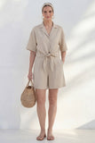 Khaki Notched Lapel Single Breasted Leisure Short Sleeves Women Suit