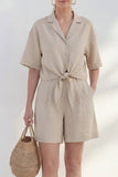 Khaki Notched Lapel Single Breasted Leisure Short Sleeves Women Suit