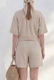 Khaki Notched Lapel Single Breasted Leisure Short Sleeves Women Suit
