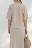 Khaki V-Neck Sheath Short Sleeves Midi Bow Work Dress with Slit