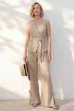 Khaki V-Neck Slim Fit Women Suit with Belt