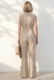Khaki V-Neck Slim Fit Women Suit with Belt