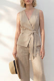 Khaki V-Neck Slim Fit Women Suit with Belt