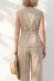Khaki V-Neck Slim Fit Women Suit with Belt