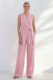 Pink V-Neck Long Women's Work Suit with Belt