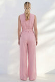 Pink V-Neck Long Women's Work Suit with Belt