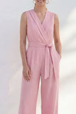 Pink V-Neck Long Women's Work Suit with Belt