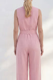 Pink V-Neck Long Women's Work Suit with Belt