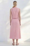 Pink V-Neck Double Breasted Midi Work Dress with Slit