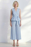 Light Blue V-Neck Ruffled Midi Women Suit with Belt