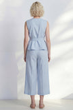 Light Blue V-Neck Ruffled Midi Women Suit with Belt