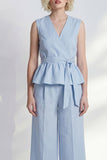 Light Blue V-Neck Ruffled Midi Women Suit with Belt