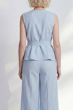 Light Blue V-Neck Ruffled Midi Women Suit with Belt
