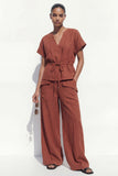 Caramel V-Neck Short Sleeves Women Suit with Belt