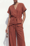 Caramel V-Neck Short Sleeves Women Suit with Belt