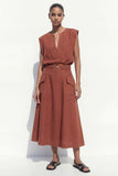 Caramel A-Line Cap Sleeves V-Neck Midi Work Dress with Belt