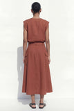 Caramel A-Line Cap Sleeves V-Neck Midi Work Dress with Belt