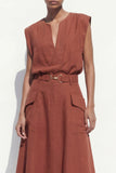 Caramel A-Line Cap Sleeves V-Neck Midi Work Dress with Belt