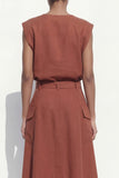 Caramel A-Line Cap Sleeves V-Neck Midi Work Dress with Belt