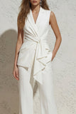 White Notched Lapel Ruched Slim Fit Women's Work Suit