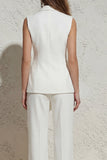 White Notched Lapel Ruched Slim Fit Women's Work Suit