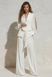White Notched Lapel Ruched Business Suit with Belt