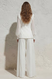 White Notched Lapel Ruched Business Suit with Belt