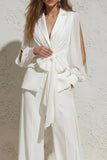 White Notched Lapel Ruched Business Suit with Belt