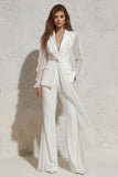 White Notched Lapel Ruffled Slim Fit Women Suit