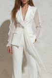 White Notched Lapel Ruffled Slim Fit Women Suit