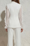 White Notched Lapel Ruffled Slim Fit Women Suit