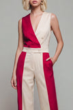 V Neck ColorBlock Light Khaki Women's Jumpsuits