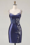 Navy Bodycon Corset Satin Embroidered Cocktail Dress