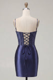 Navy Bodycon Corset Satin Embroidered Cocktail Dress
