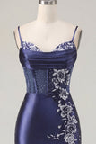 Navy Bodycon Corset Satin Embroidered Cocktail Dress