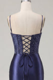 Navy Bodycon Corset Satin Embroidered Cocktail Dress